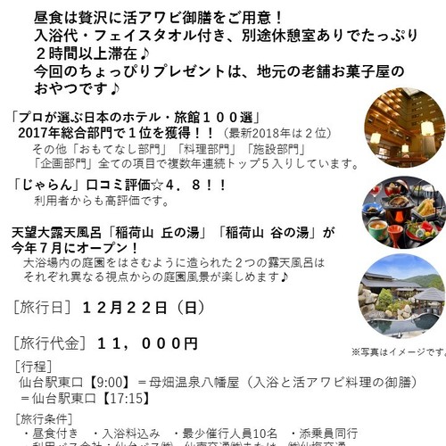 1年頑張ったご褒美に♪プロが選ぶ日本のホテル旅館2017年総合1位「母畑温泉 八幡屋」日帰り 12月22日(日)出発決定
